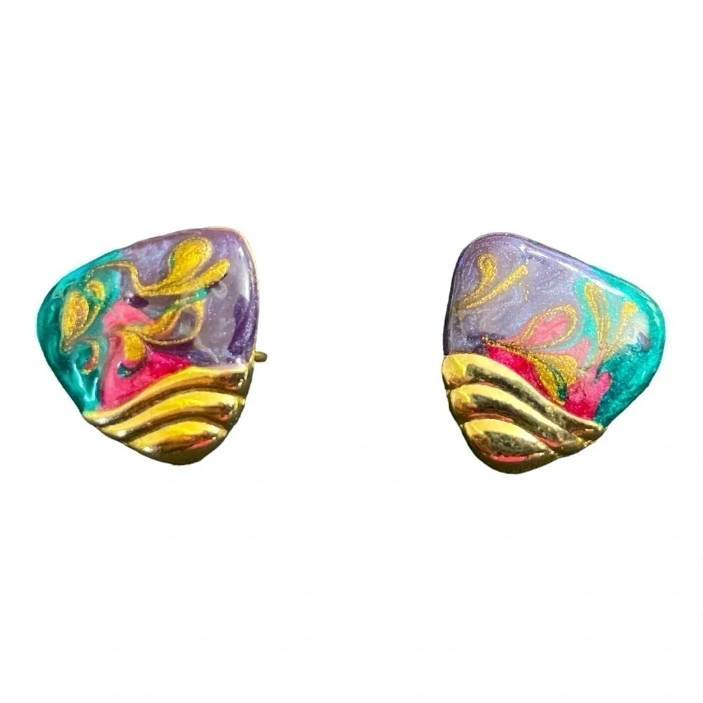VTG 80’s Multi Colored Modernist gold tone Chunky Retro Clip on Earrings 1